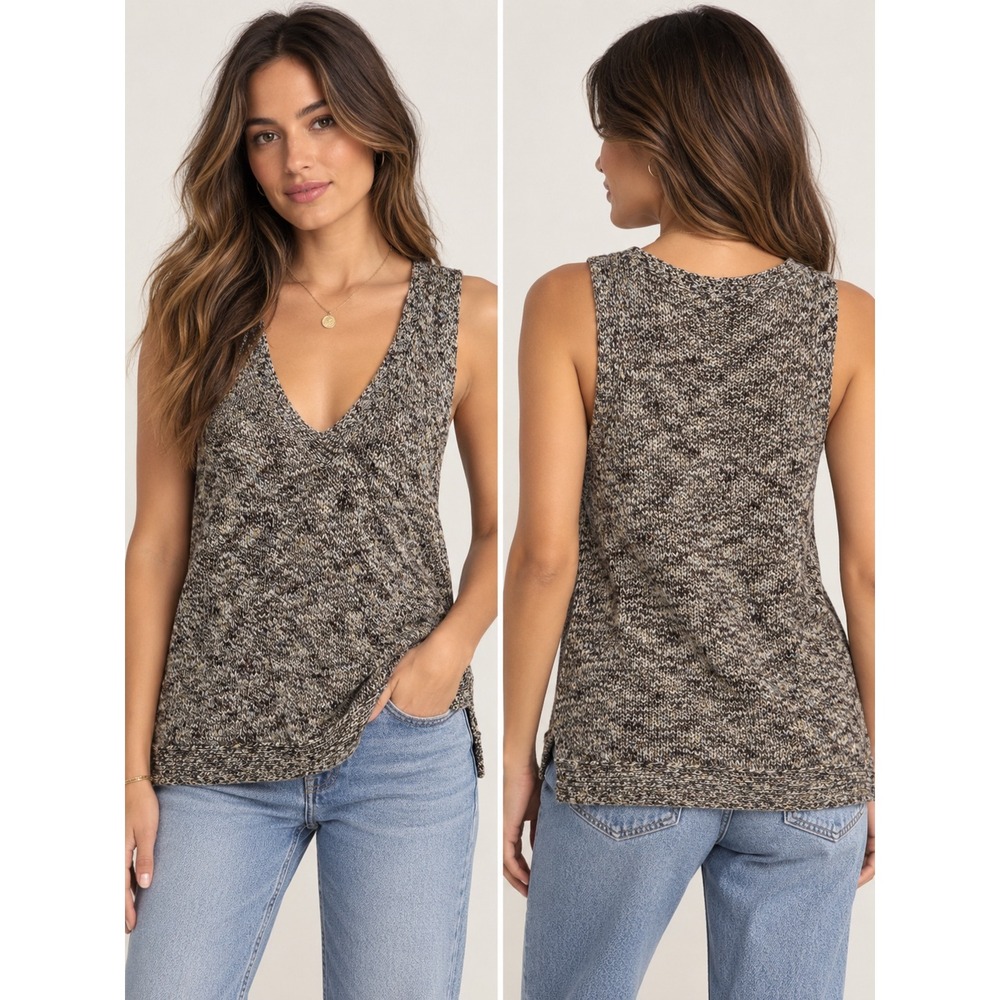 Brochu Walker Brown Marled Linen Cotton Blend V-Neck Knit Tank Top Small LCP1168